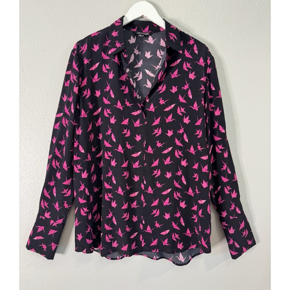 Catherine Gee 2XL Silk Blouse Pink Crane Print French Cuff Daria Luxe Chic